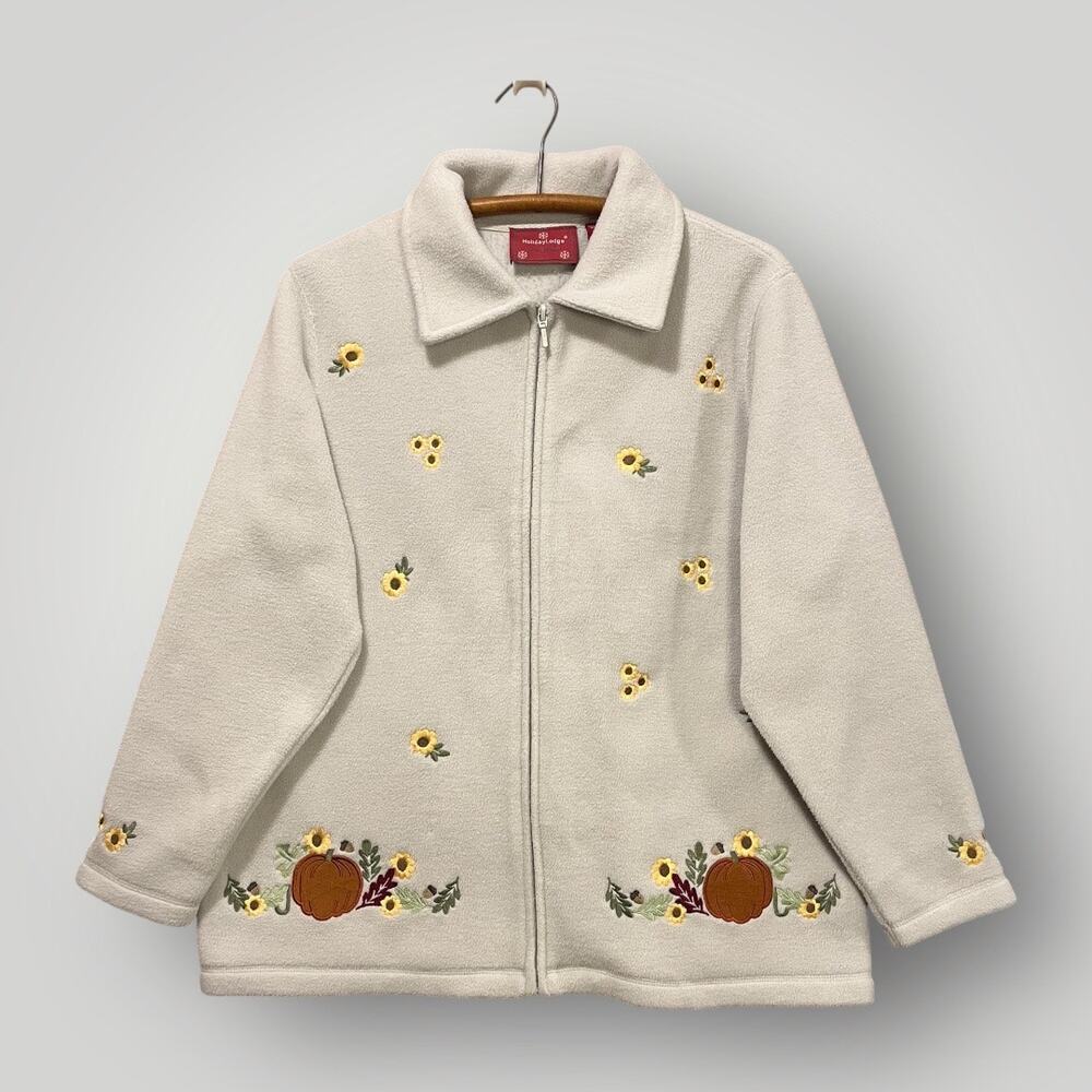 Holiday Lodge by Northcrest Size 14W/16W Zip Fleece Granny Pumpkin Embroidered